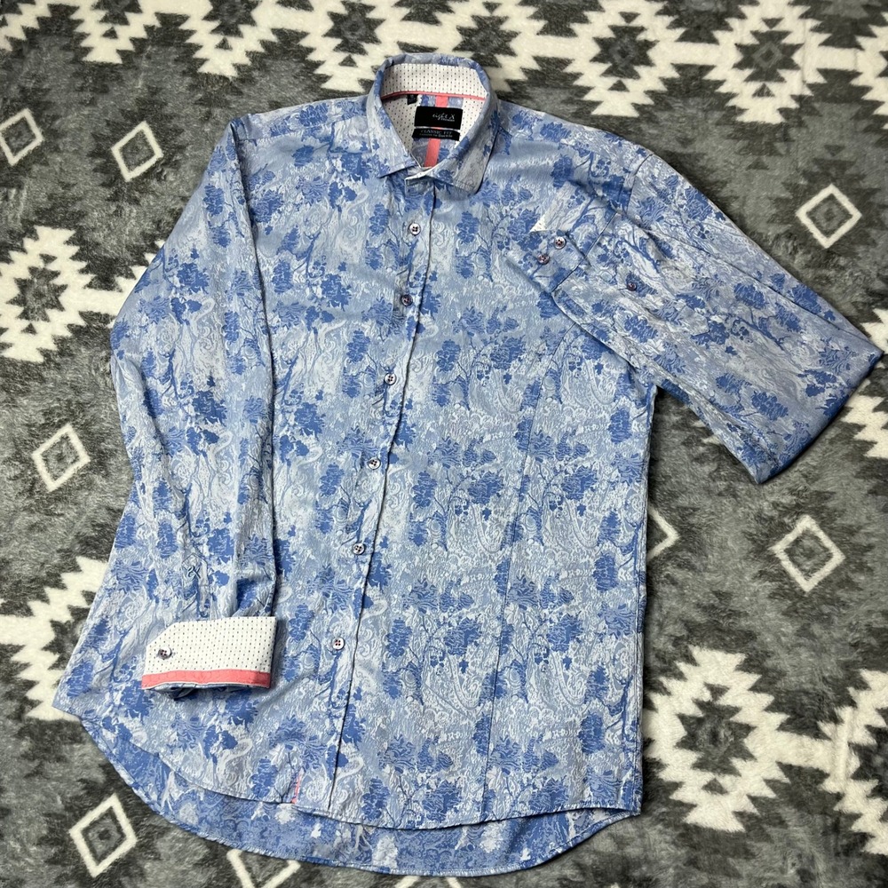 Eight X Premium Mens M Blue Floral Paisley Jacquard Button Down Shirt Buckle VTG